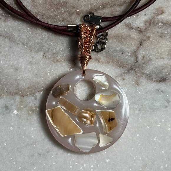 White Seashell Resin Pendant with Wire Wrapped Bail on Leather Cord Necklace - Picture 1 of 3